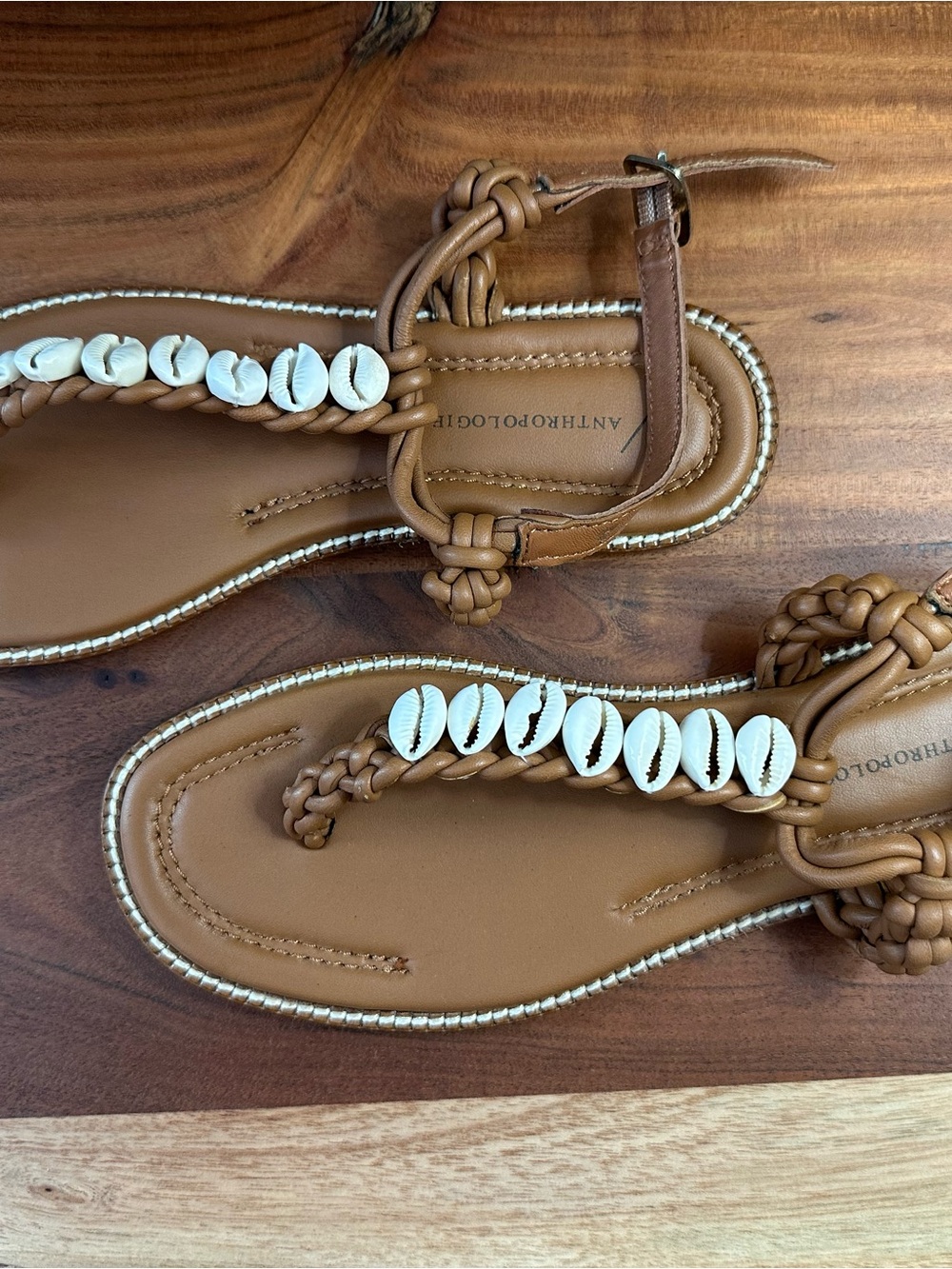 Anthropologie Tan Braided Leather Sandals with White Shell Accents